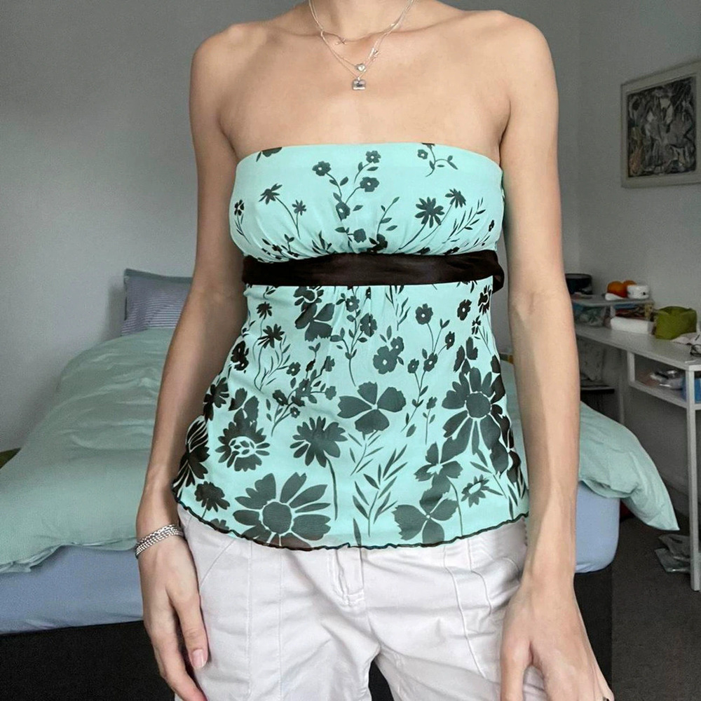Zara Retro Floral Print Contrast Bowknot Strapless Vacation Mesh Hem Top